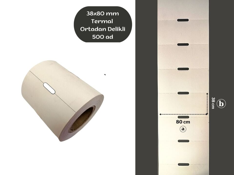 38×80 TERMAL KARTON ETİKET (500 Adet) ORTADAN DELİKLİ Raf Etiketi Fiyat Etiketi