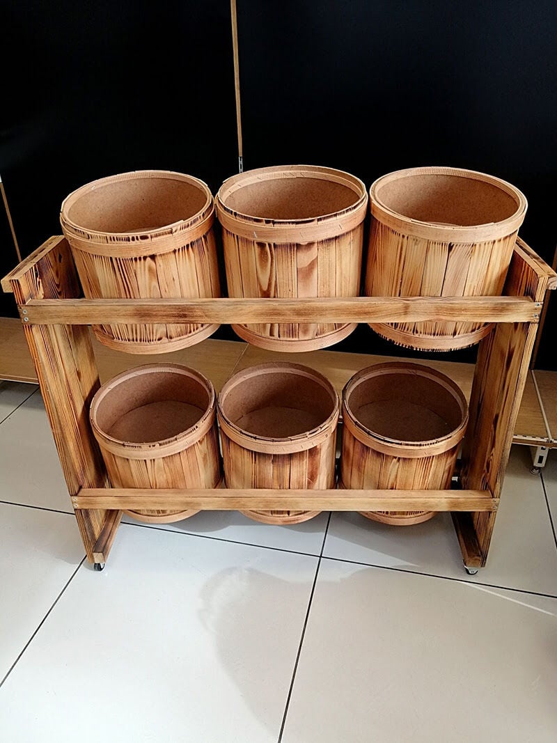 6 LI  Bakliyat Ahşap BİDON SET MASİF-YAKMA VE CİLA Bakliyat Teşhir Standı Bakliyat Koavaları 6 adet ve Stand Birlikte