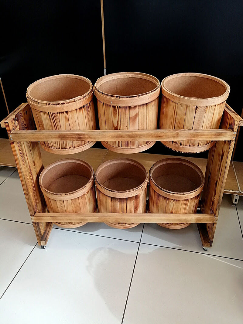 6 LI  Bakliyat Ahşap BİDON SET MASİF-YAKMA VE CİLA Bakliyat Teşhir Standı Bakliyat Koavaları 6 adet ve Stand Birlikte