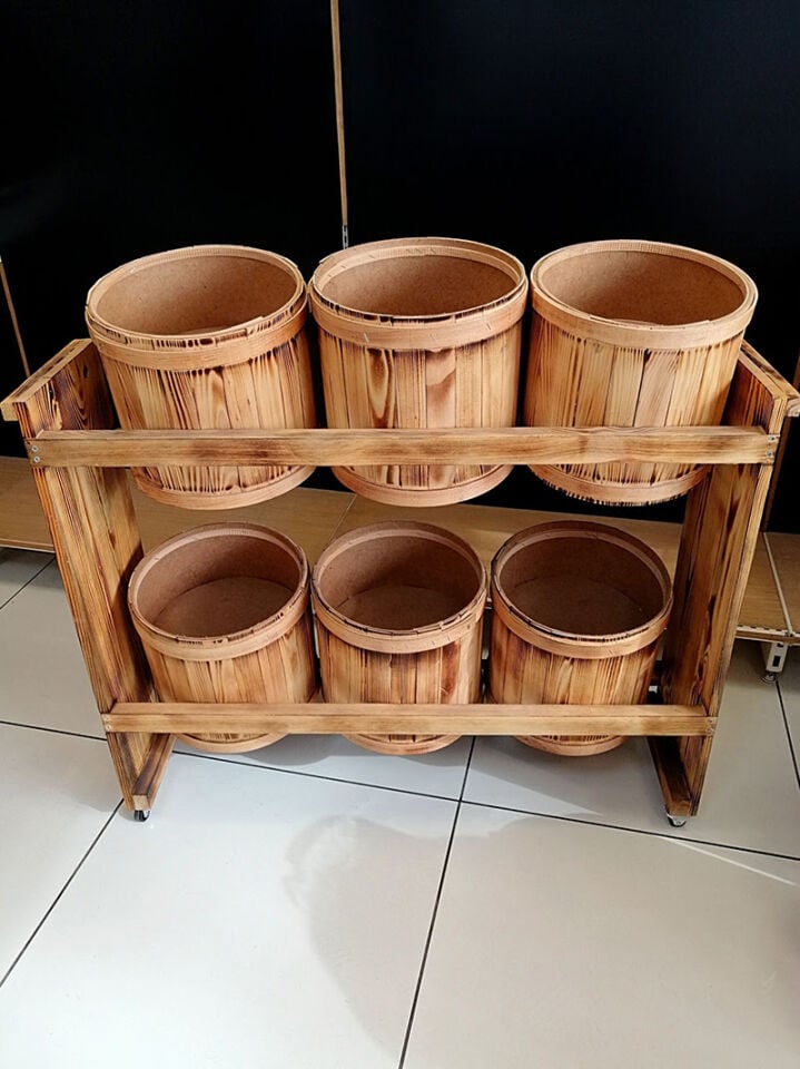6 LI  Bakliyat Ahşap BİDON SET MASİF-YAKMA VE CİLA Bakliyat Teşhir Standı Bakliyat Koavaları 6 adet ve Stand Birlikte