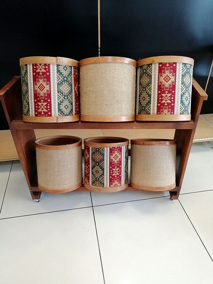 6 LI Bakliyat Ahşap BİDON SET Standı KUMAŞ KAPLAMA Ahşap Bakliyat Kovaları