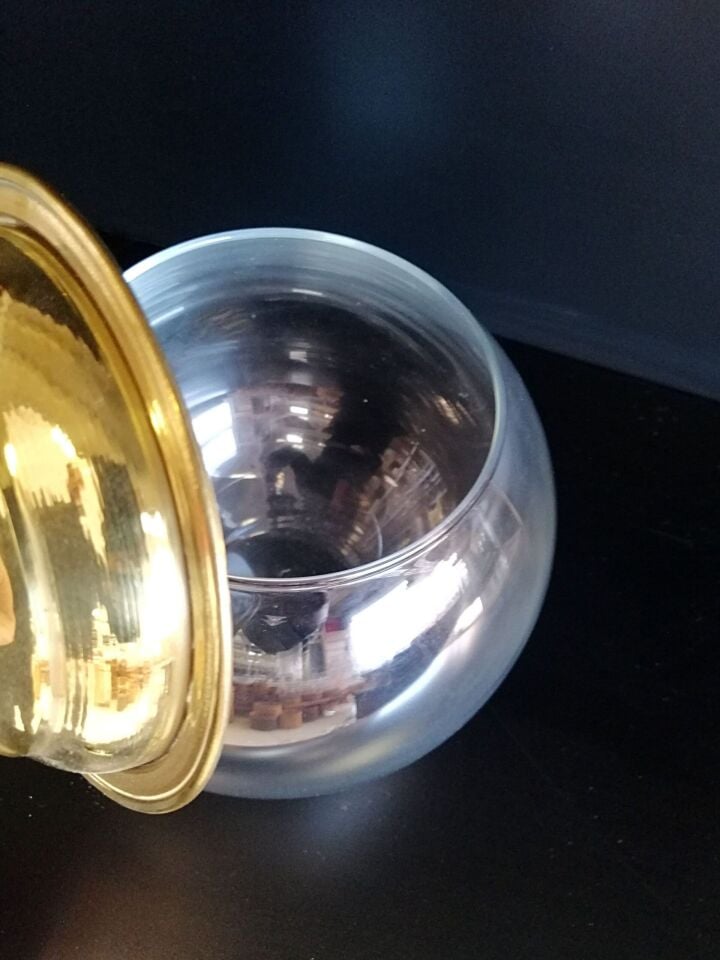 CAM AKVARYUM İNCE KÜÇÜK 45068 + SARI KAPAK Şeffaf Bal Reçel Sunum ve Teşhir Cam Kavanoz Akvaryum Pirinç Kapaklı