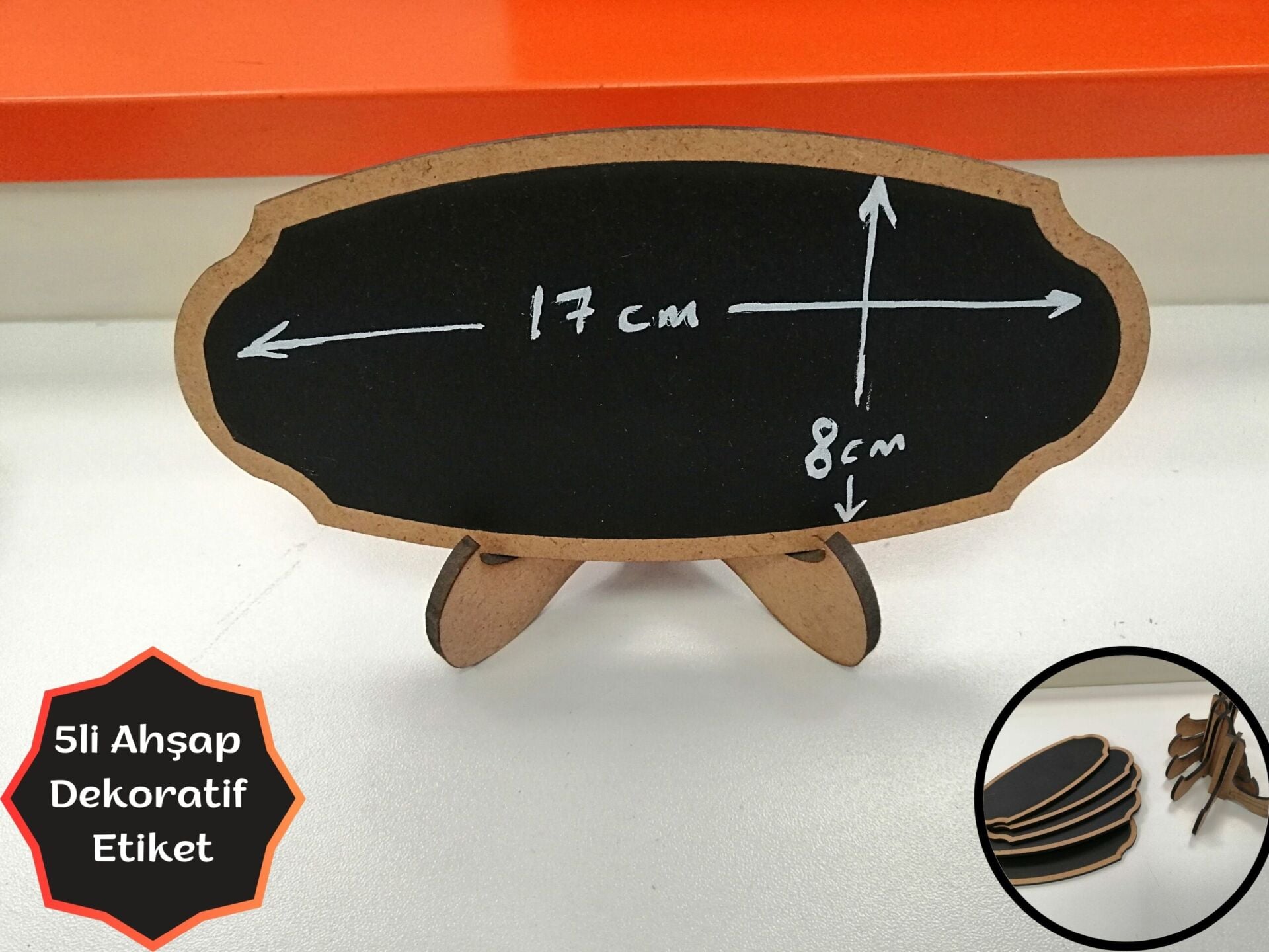 KARA TAHTA (17cm x H:8cm) ARKA DESTEKLİ OVAL Silinebilir Dekoratif Etiket ve Etiketlik PVC Siyah Etiket