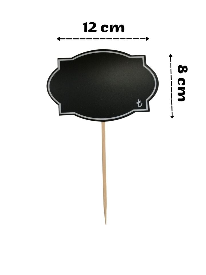 KARA TAHTA (12cm x H:8cm) KÖŞELİ OVAL SAPLAMALI 1646S Silinebilir Dekoratif Etiket ve Etiketlik PVC Siyah Etiket