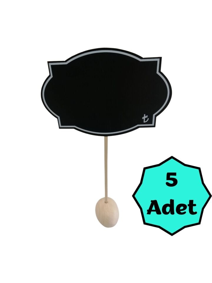 KARA TAHTA (12cm x H:8cm) KÖŞELİ OVAL SAPLAMALI 1646S Silinebilir Dekoratif Etiket ve Etiketlik PVC Siyah Etiket