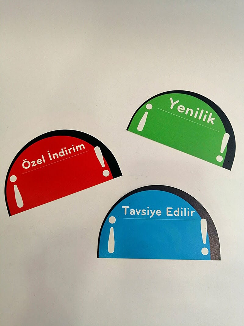 KULAKÇIK OVAL BASKILI Raf Önü İkaz Etiketi Fiyat Etiketliği Uyarı Etiketi Bilgilendirme Etiketi