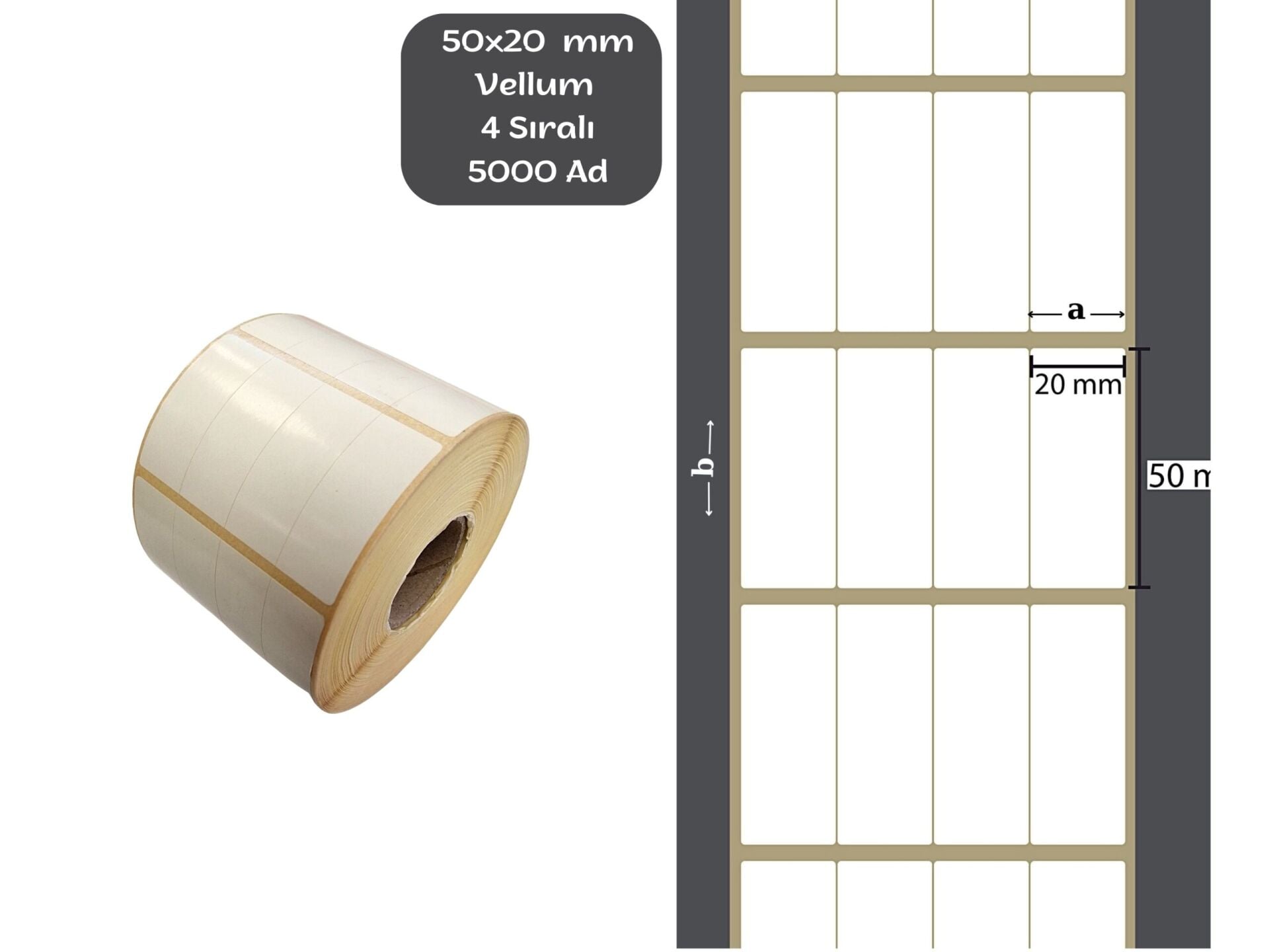 50X20 VELLUM YAPIŞKANLI Barkod ETİKET (5000Lİ) 4 SIRA Raf Etiketi  Isı ve Işıktan Etkilenmeyen Fiyat Etiketi
