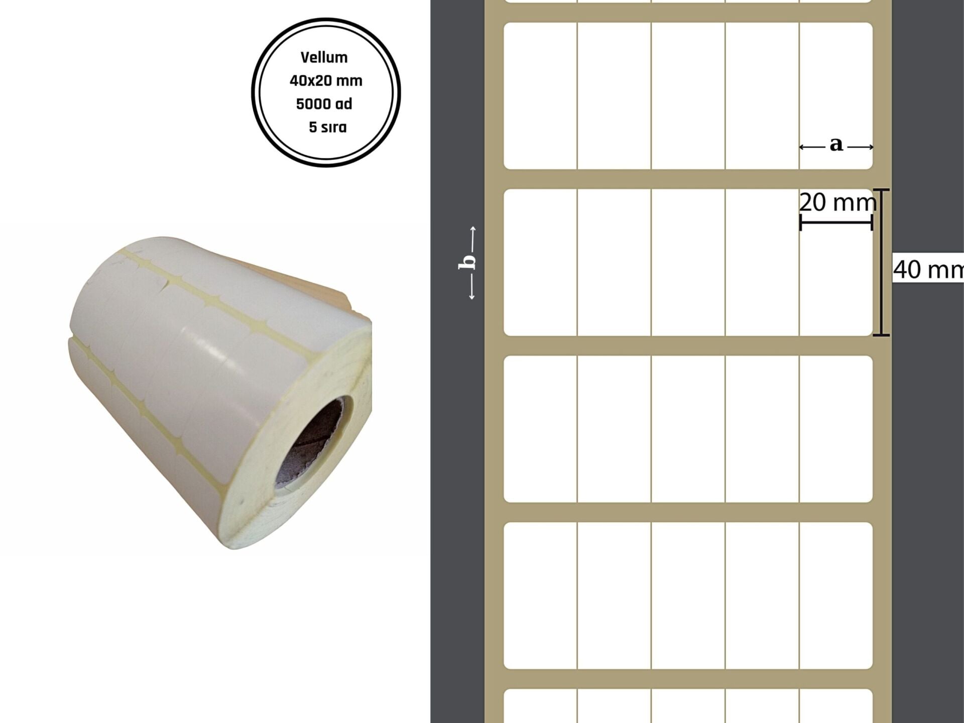 40X20 VELLUM YAPIŞKANLI Barkod ETİKET (5000Lİ) 5 SIRA Isı ve Işıktan Raf Etiketi Fiyat Etiketi