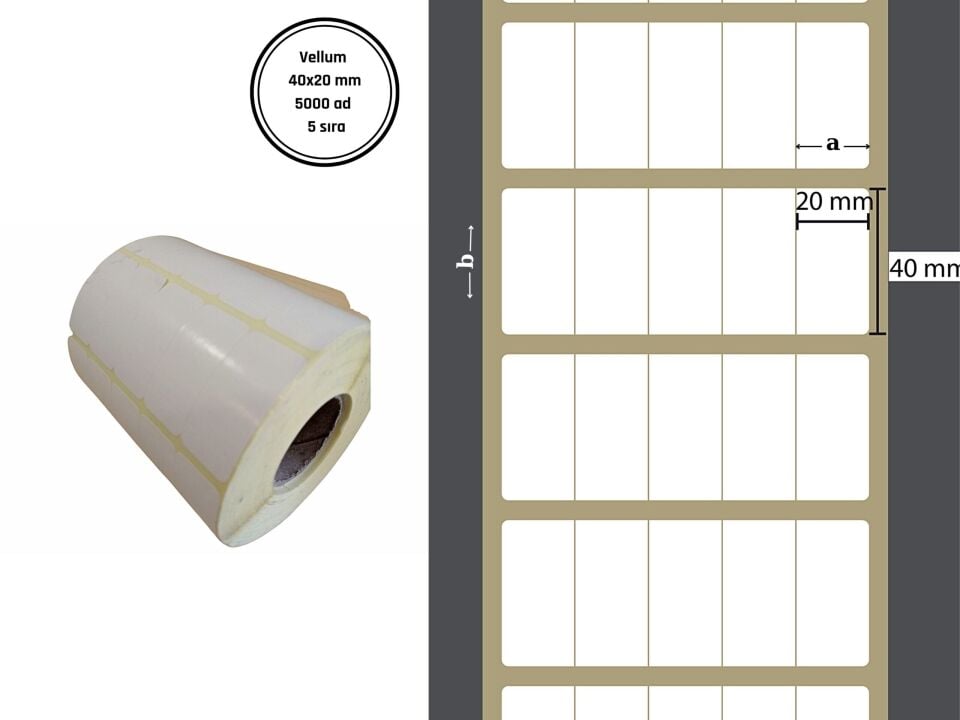 40X20 VELLUM YAPIŞKANLI Barkod ETİKET (5000Lİ) 5 SIRA Isı ve Işıktan Raf Etiketi Fiyat Etiketi