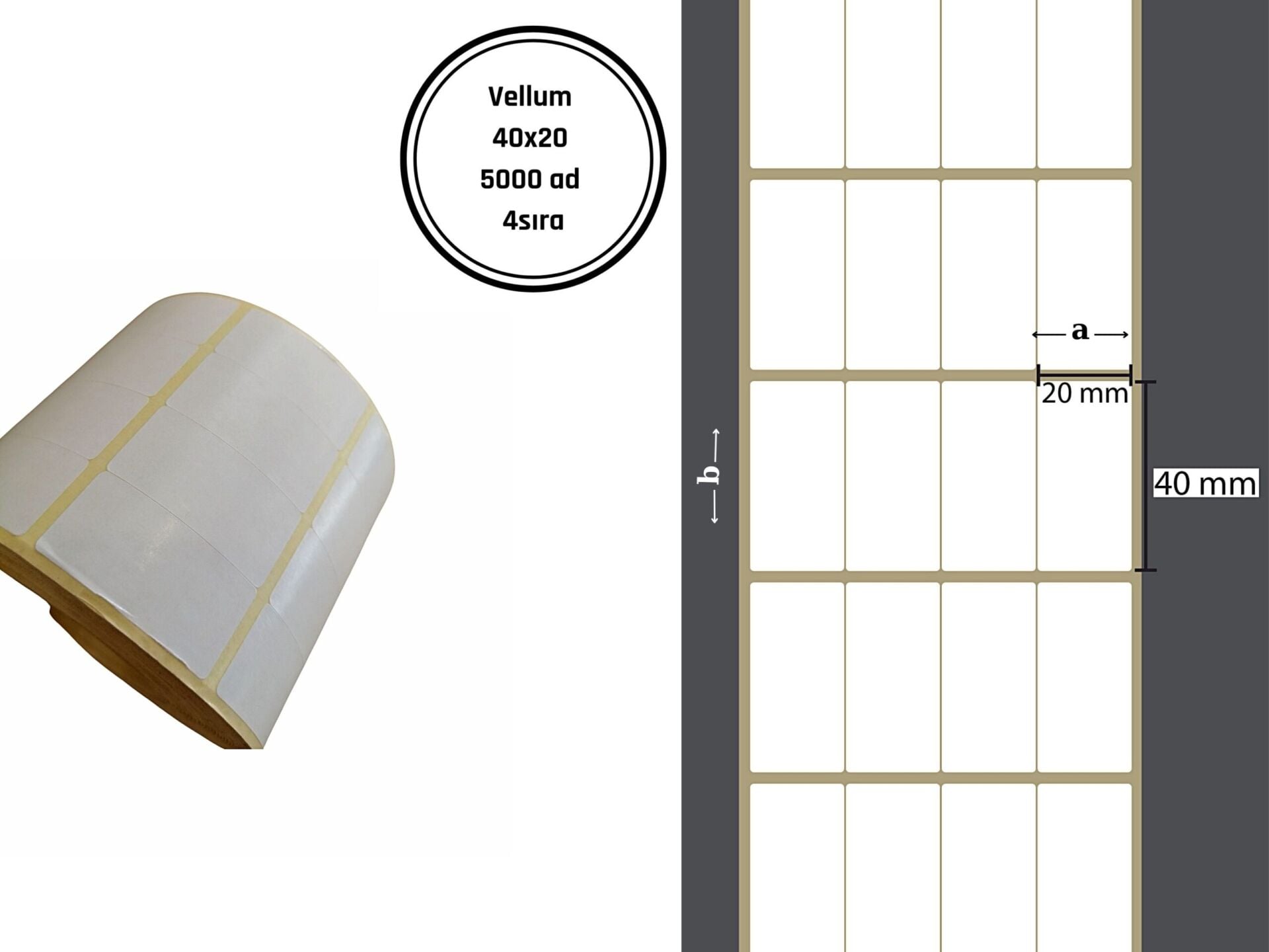 40X20 VELLUM YAPIŞKANLI Barkod ETİKET (5000Lİ) 4 SIRA Raf Etiketi Fiyat Etiketi
