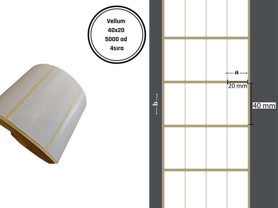 40X20 VELLUM YAPIŞKANLI Barkod ETİKET (5000Lİ) 4 SIRA Raf Etiketi Fiyat Etiketi