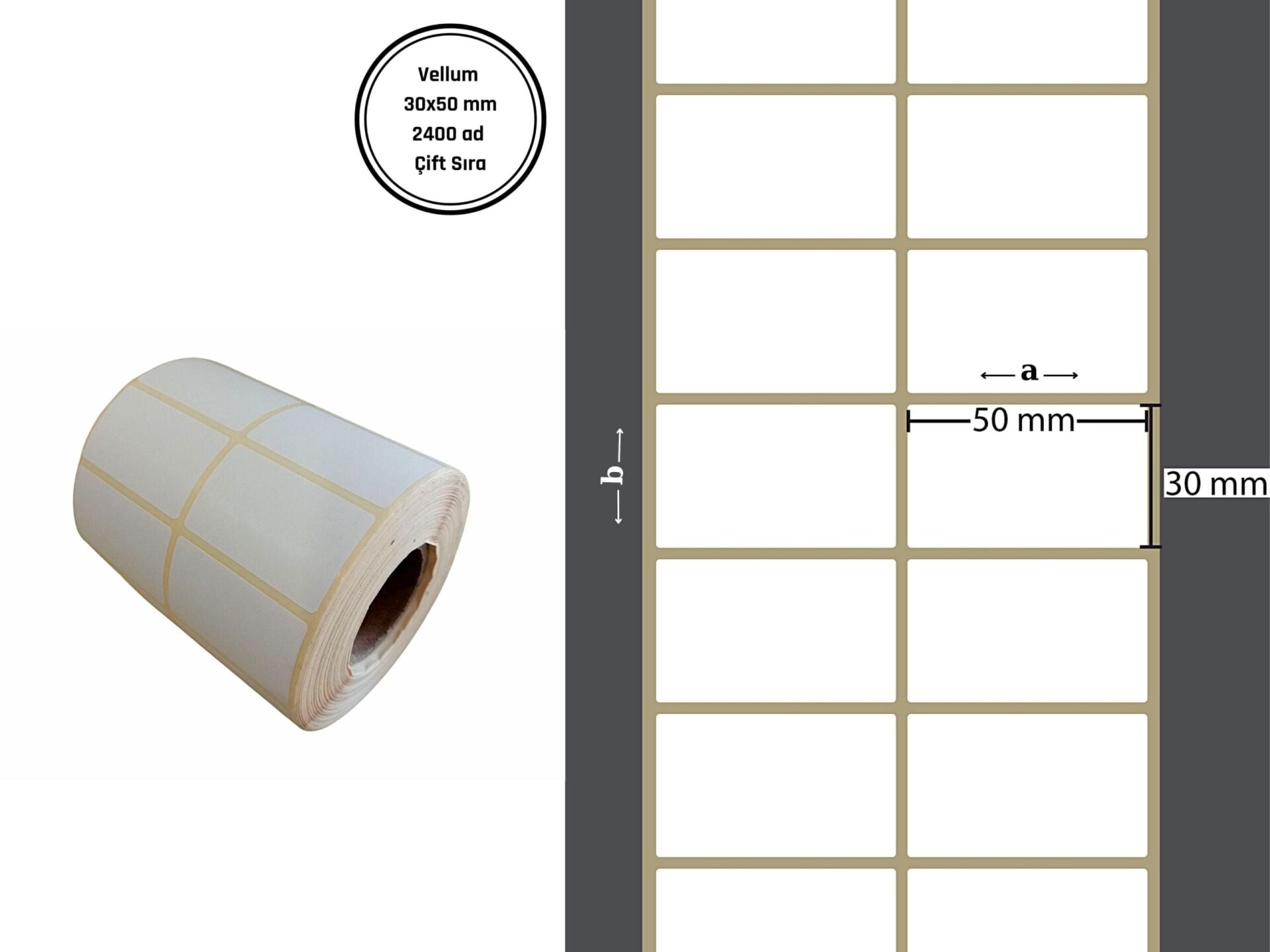30X50 VELLUM YAPIŞKANLI Barkod ETİKET (2400LÜ) ÇİFT SIRA, Fiyat Etiketi Raf Etiketi