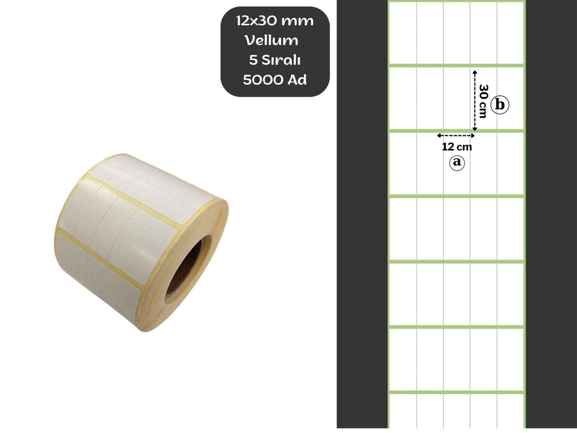 12X30 VELLUM YAPIŞKANLI Barkod ETİKET (5000Lİ) 5 SIRA, Fiyat Etiketi Raf Etiketi