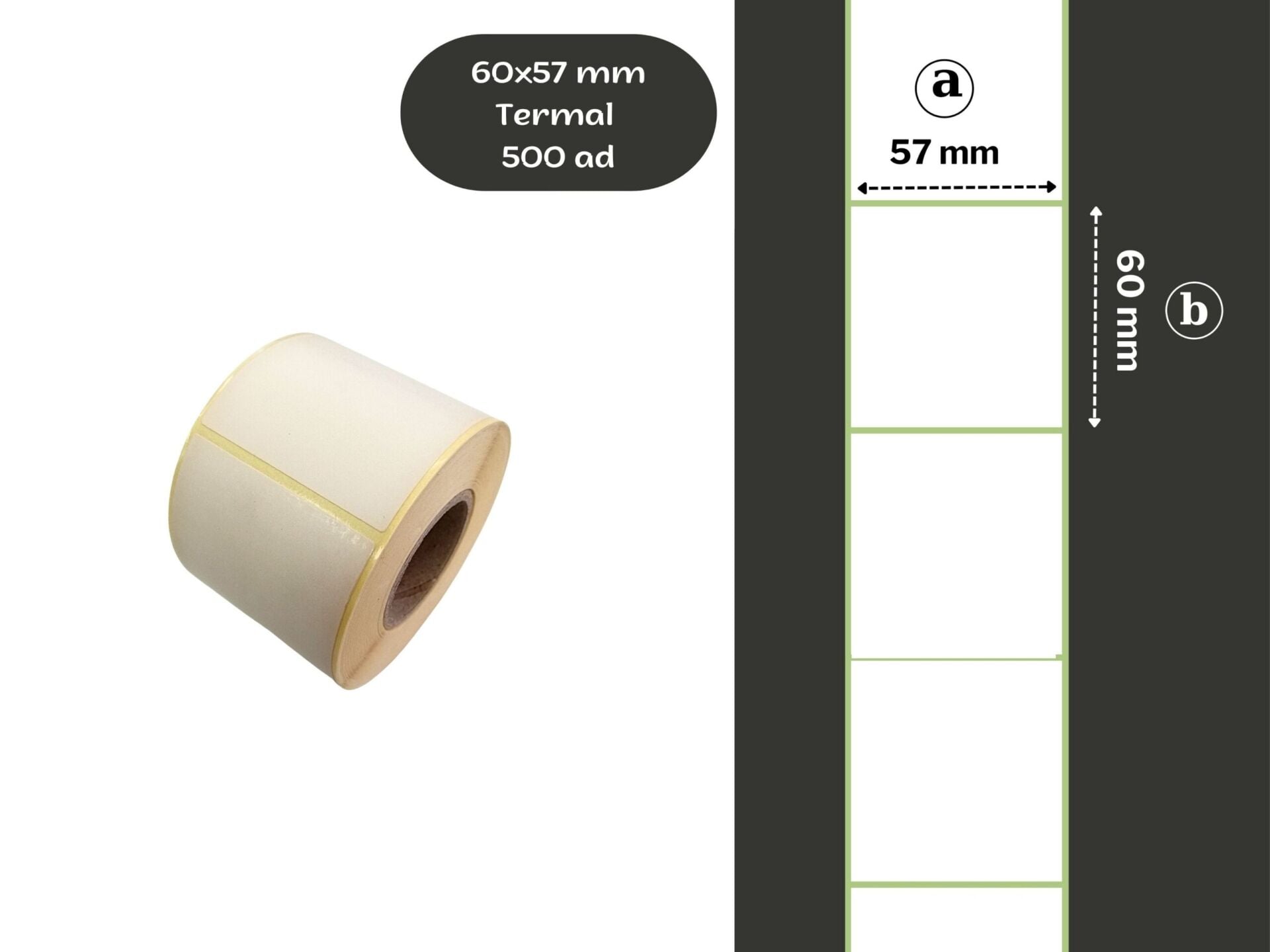 60X57 TERMAL YAPIŞKANLI Barkod ETİKET (500LÜ) Termal Rulo Raf Etiketi Fiyat Etiketi