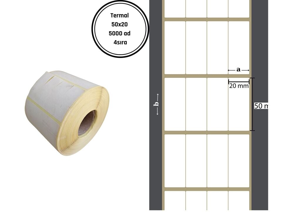 50X20 TERMAL YAPIŞKANLI Barkod ETİKET(5000 Lİ) 4 SIRA Termal Rulo Raf Etiketi Fiyat Etiketi