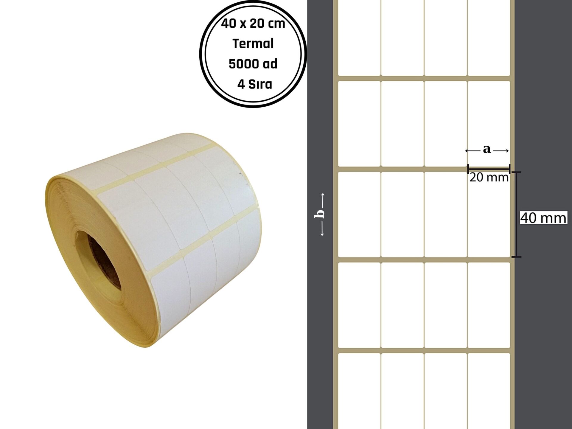 40X20 TERMAL YAPIŞKANLI Barkod ETİKET(5000 Lİ) 4 SIRA Termal Rulo Raf Etiketi Fiyat Etiketi