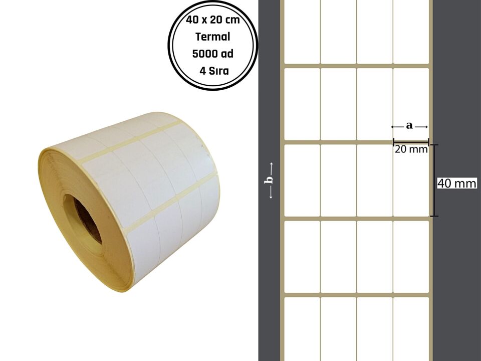 40X20 TERMAL YAPIŞKANLI Barkod ETİKET(5000 Lİ) 4 SIRA Termal Rulo Raf Etiketi Fiyat Etiketi