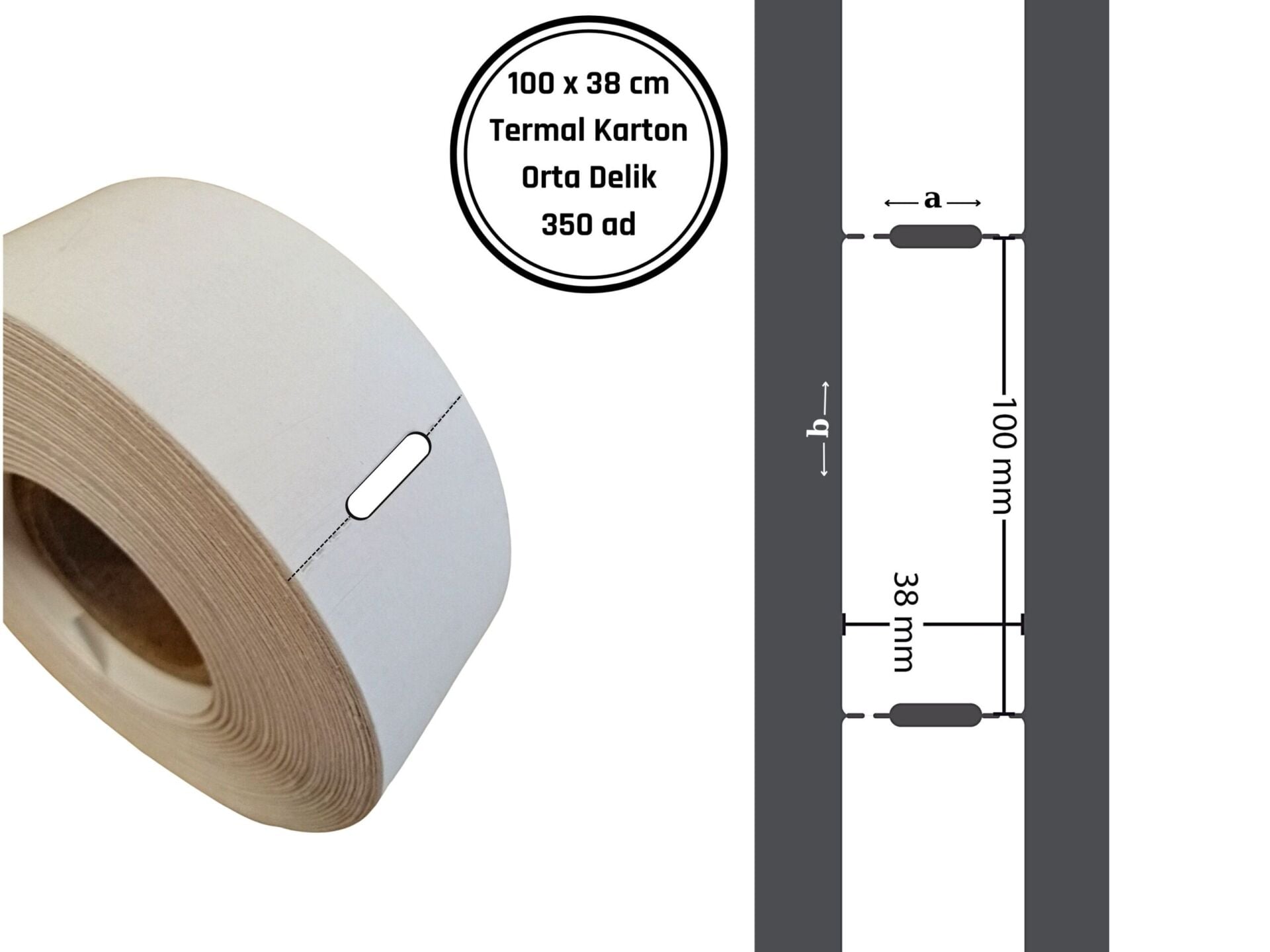 100×38 TERMAL KARTON ETİKET (350 Lİ) ORTADAN DELİKLİ / Termal Raf Etiketi Barkod Etiket