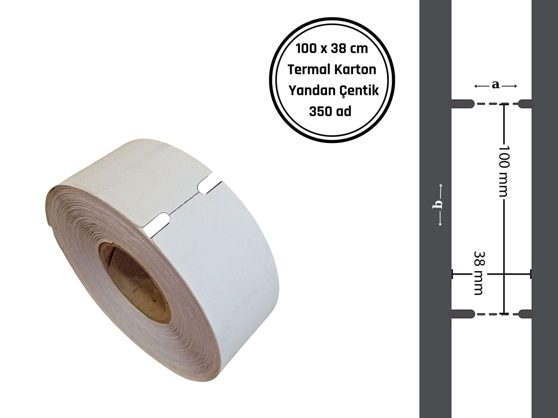 100×38 TERMAL KARTON ETİKET (350 Lİ) YANDAN ÇENTİKLİ / Termal Barkod Etiketi, Raf Etiketi