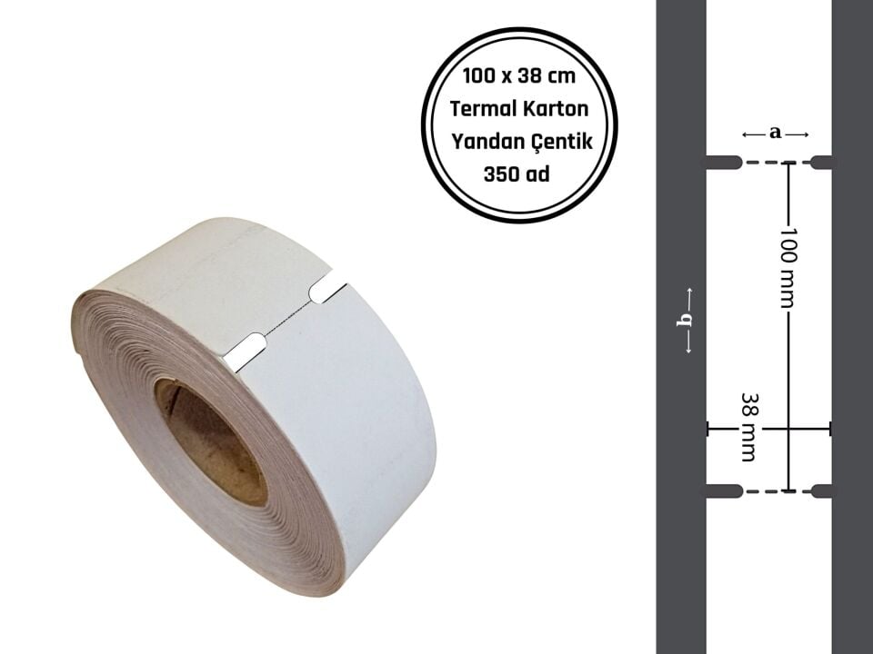 100×38 TERMAL KARTON ETİKET (350 Lİ) YANDAN ÇENTİKLİ / Termal Barkod Etiketi, Raf Etiketi